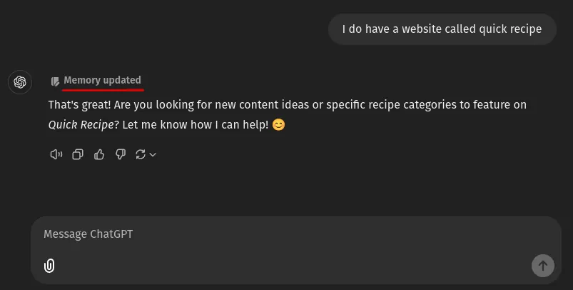 Memory updated message in chatgpt